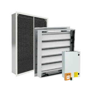 Smoke Shaft System including SV-W-D2 smoke control dampers 1m², SV-R-L4 roof louvre 1m², DM3 damper modules, WSC 520 0IM0 control unit and WSK 501 manual call points.