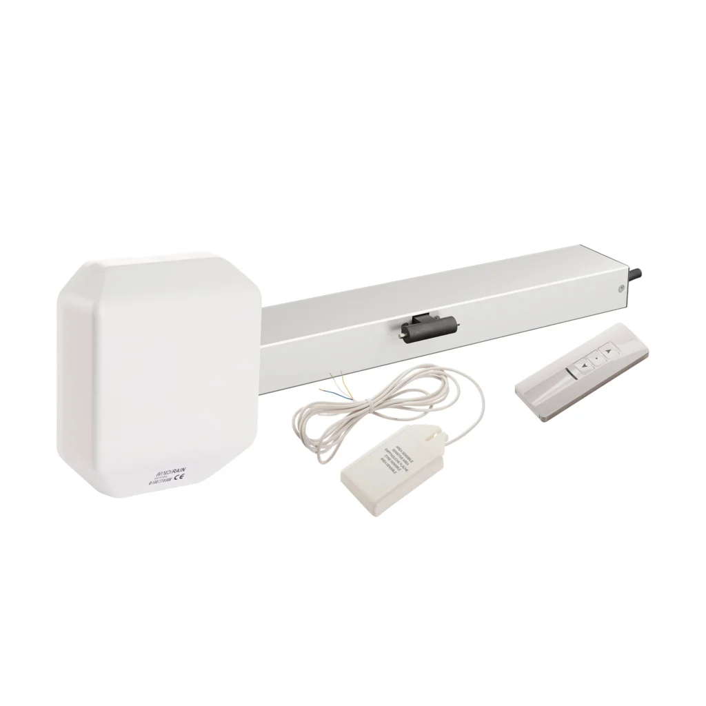 Electric window opener kit with a linear actuator, control box, wired switch, and a rectangular aerial, displayed on a white background.