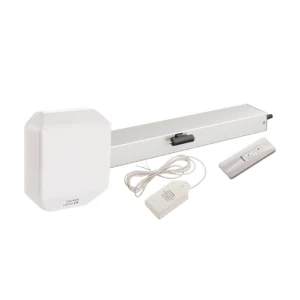 Electric window opener kit with a linear actuator, control box, wired switch, and a rectangular aerial, displayed on a white background.