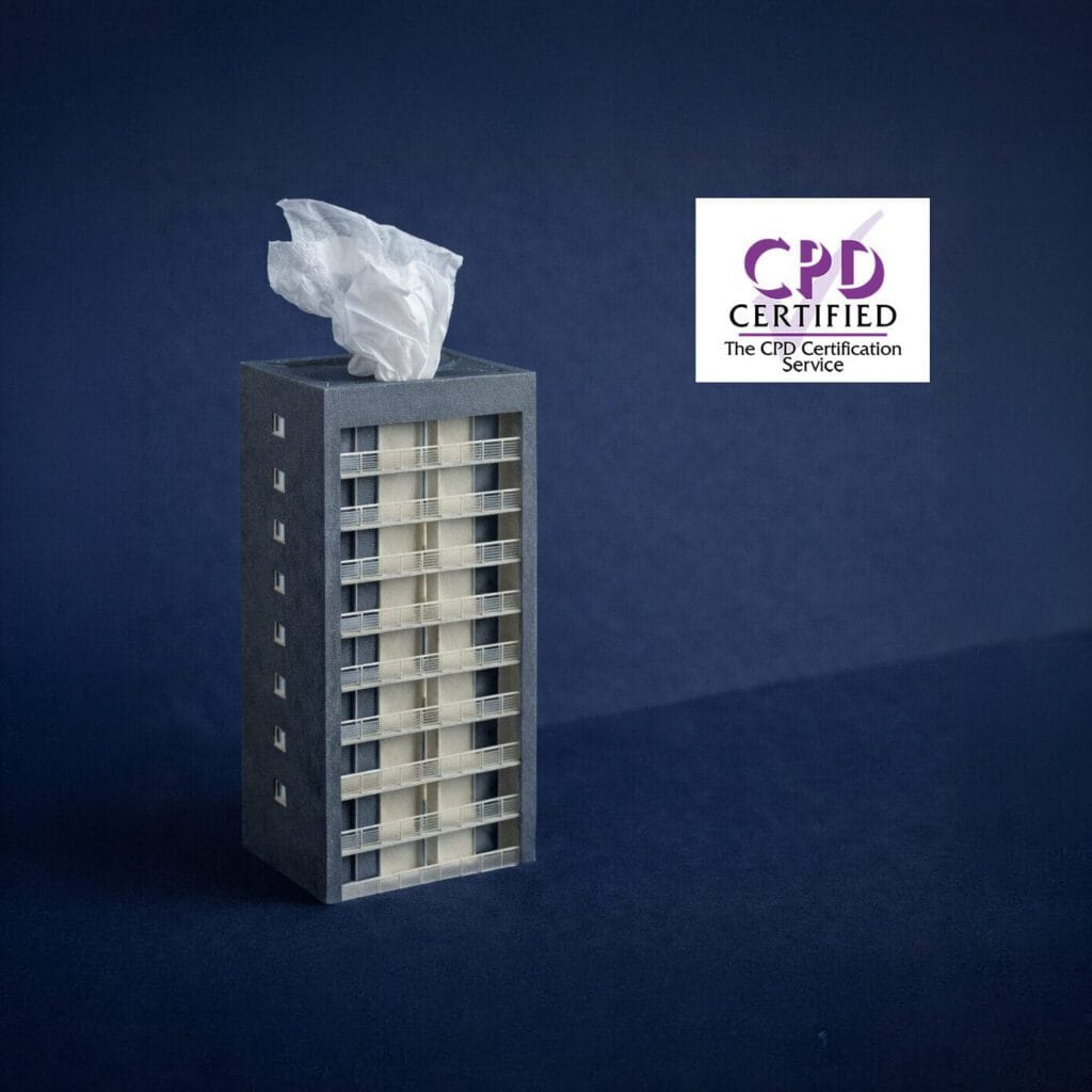 A tissue box designed to look like a modern block of flats sits on a dark surface, with tissues emerging from the top. The CPD Certified logo appears in the upper right corner.