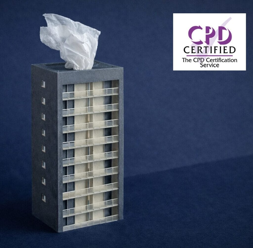 A tissue box designed to look like a modern block of flats stands on a dark surface, with the CPD Certified logo in the top right corner.
