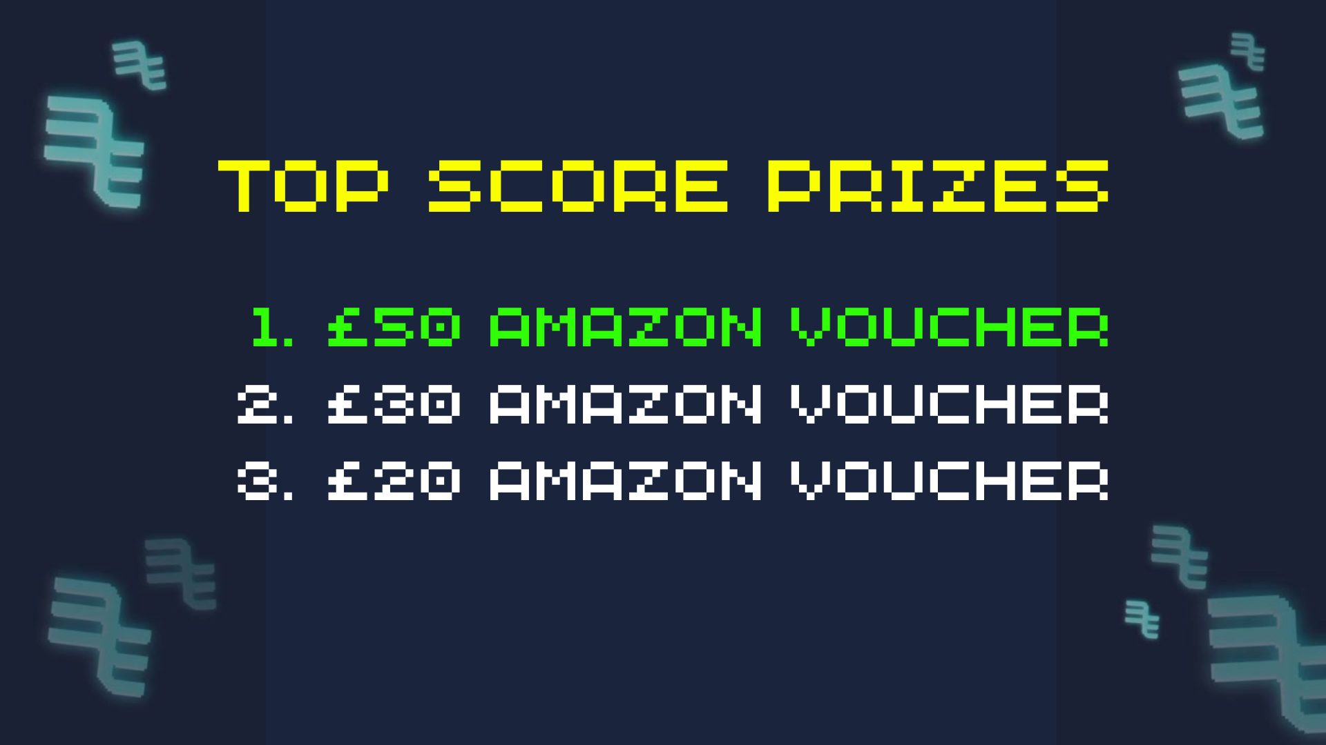 Text graphic listing top score prizes: £50 Amazon voucher for 1st place, £30 for 2nd, and £20 for 3rd, on a dark background with pixelated font.
